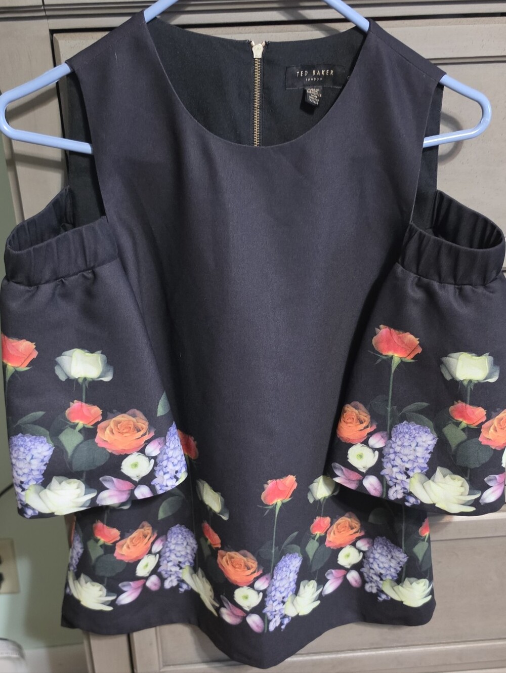 Ted Baker Black Cold-Shoulder Floral Peplum Top